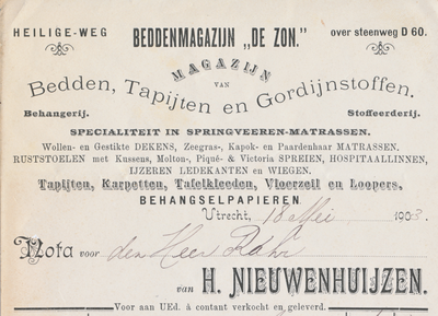 711812 Kop van een nota van H. Nieuwenhuijzen, Beddenmagazijn “De Zon”, Magazijn van Bedden, Tapijten en ...